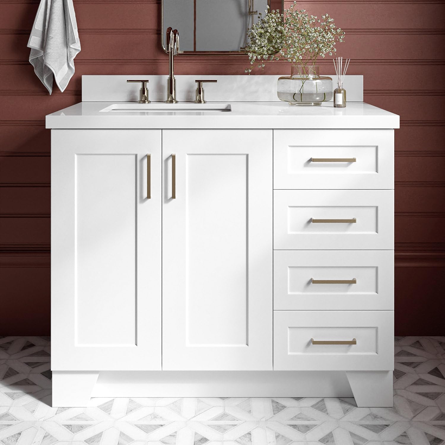 ARIEL Taylor 42-inch Bathroom Vanity with Sink,Solid Wood, 1.5-inch Pure White Quartz Countertop & Backsplash, Single Rectangular Porcelain Sink, 2 Soft Closing Doors, 5 Dovetail Drawers, White