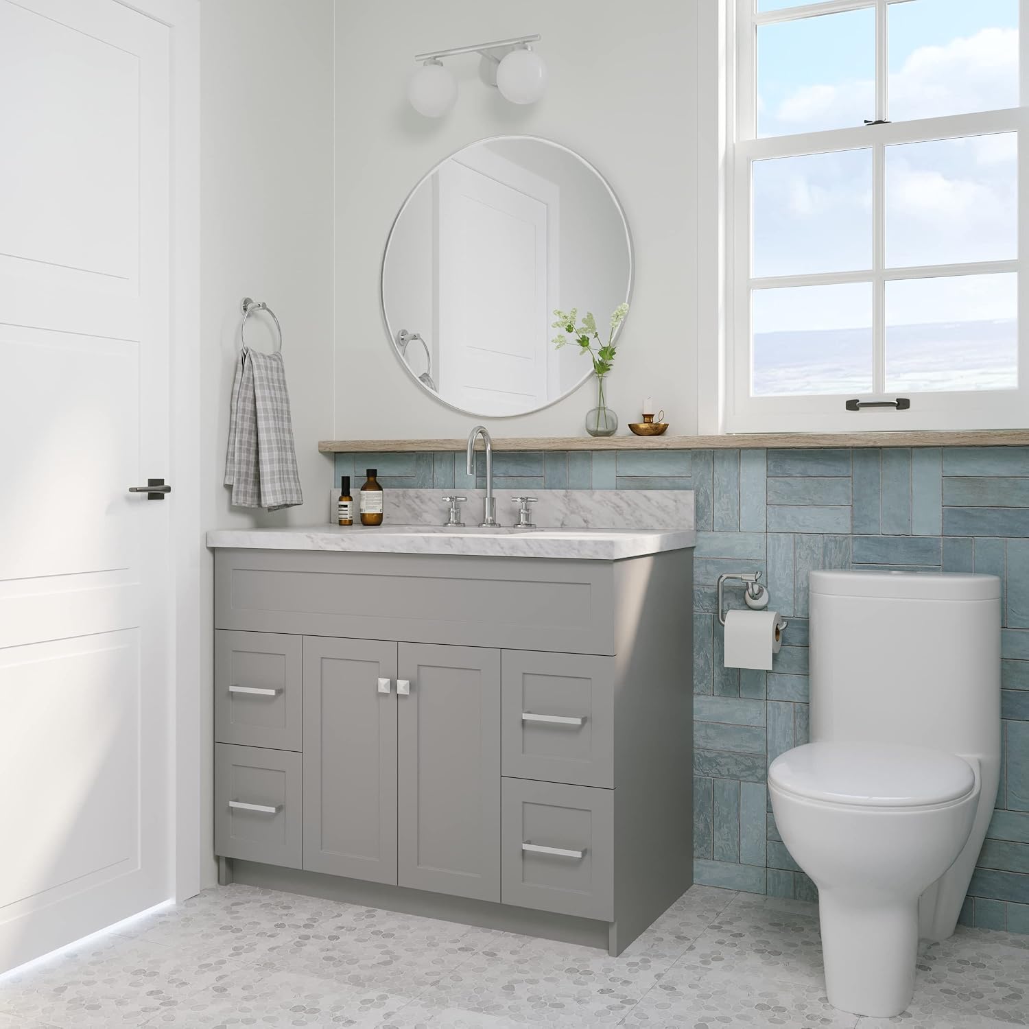 ARIEL 36' Black Bathroom Vanity with Sink, 1.5' Italian Carrara Marble Countertop, Rectangular Undermount Sink, 2 Soft Closing Doors, 2 Dovetail Drawers, Brushed Nickel