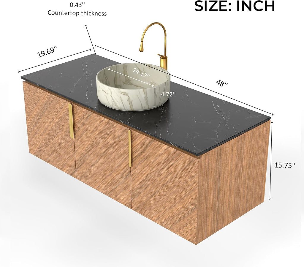 LKTART 48 Inch Bathroom Vanity with Sink, Modern Wall Mounted Bathroom Sink with 3 Doors, Black Sintered Stone Countertop and Stone Round Ceramic Basin