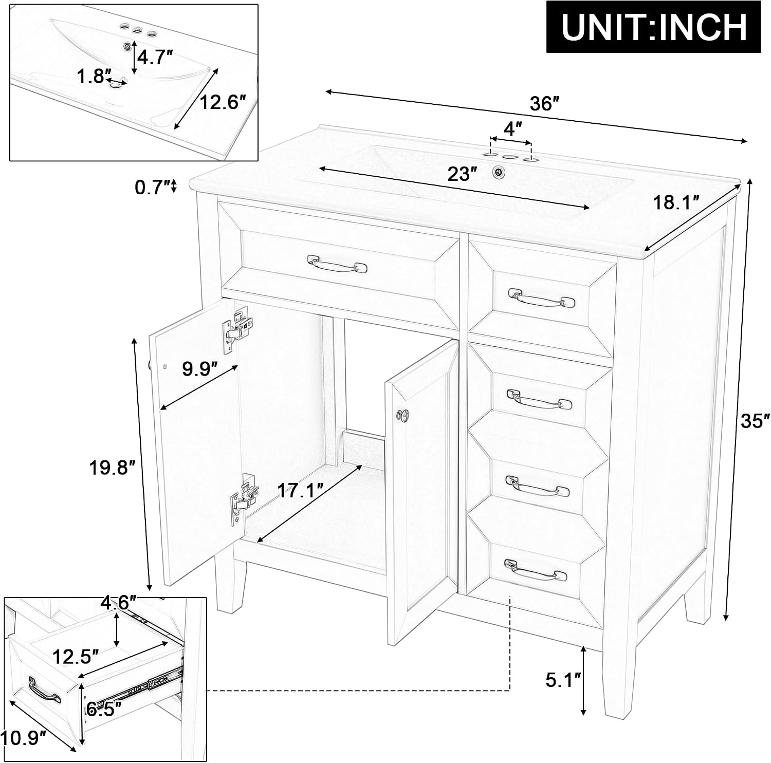36' Bathroom Vanities with Sink Combo, Wood Modern White Bathroom Sink Cabinet with Soft Closing 3 Drawers and Doors, Freestanding Set