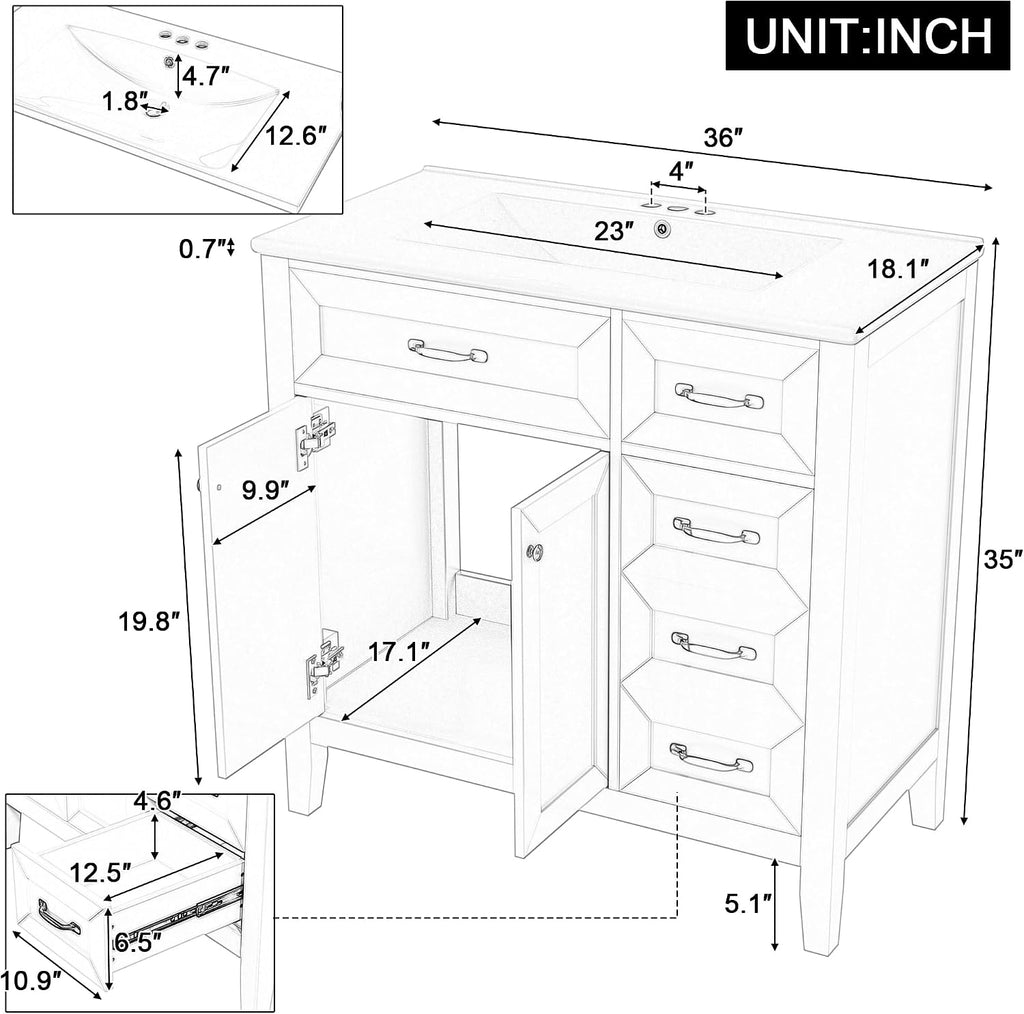 36' Bathroom Vanity with Sink Combo, Bathroom Cabinet with Drawers, Solid Frame and MDF Board,White