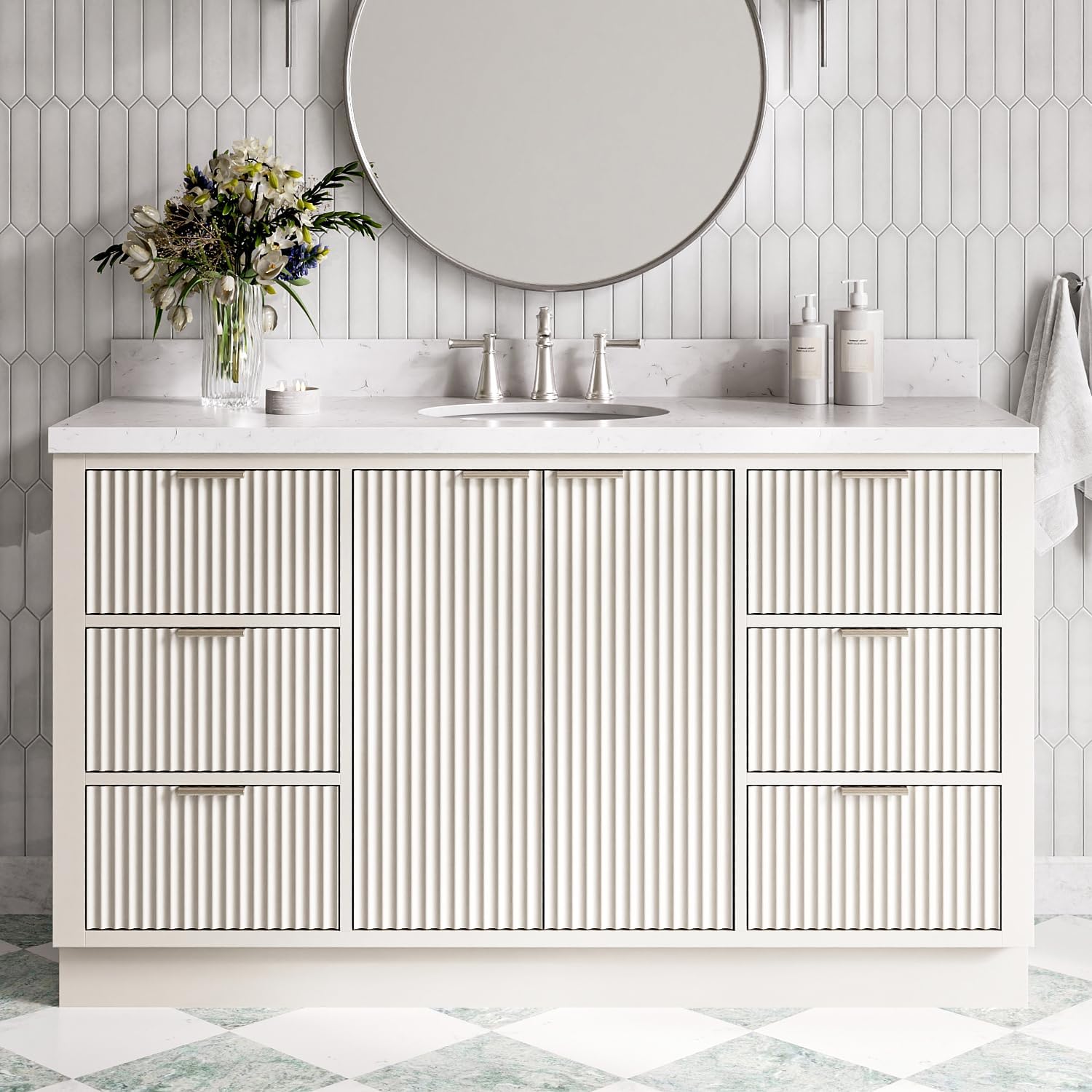 ARIEL Milan 60-inch Bathroom Vanity with Sink,Solid Wood, 1.5-inch Carrara White Quartz Countertop & Backsplash, Single Oval Porcelain Sink, 2 Soft Closing Doors, 6 Dovetail Drawers, Warm White