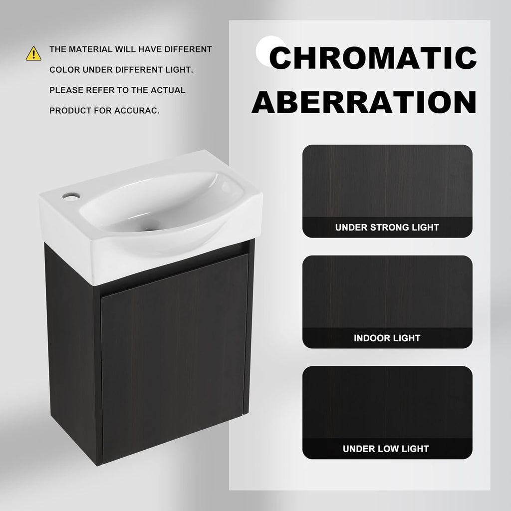 Small Bathroom Vanity with Sink, 16 Inch Bathroom Vanity with Sink, Floating Vanity Bathroom with Soft Closed Door, Integrated Sink, Engineered Wood (Black)