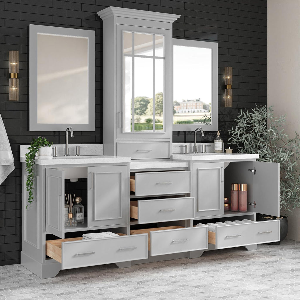 ARIEL Stafford 84-inch Bathroom Vanity with Sink,Solid Wood, 1.5-inch Italian Carrara Marble Countertop, Double Rectangular Porcelain Sink, 5 Soft Closing Doors, 6 Dovetail Drawers, Grey