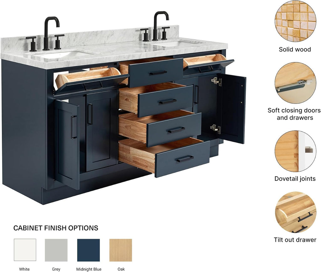 ARIEL Hepburn 66-inch Bathroom Vanity with Sink,Solid Wood, 1.5-inch Italian Carrara Marble Countertop, Double Rectangular Porcelain Sink, 4 Soft Closing Doors, 6 Dovetail Drawers, Midnight Blue