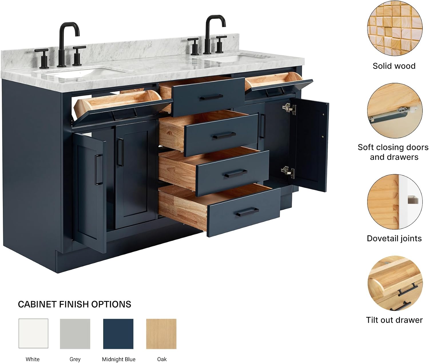 ARIEL Hepburn 66-inch Bathroom Vanity with Sink,Solid Wood, 1.5-inch Italian Carrara Marble Countertop, Double Rectangular Porcelain Sink, 4 Soft Closing Doors, 6 Dovetail Drawers, Midnight Blue