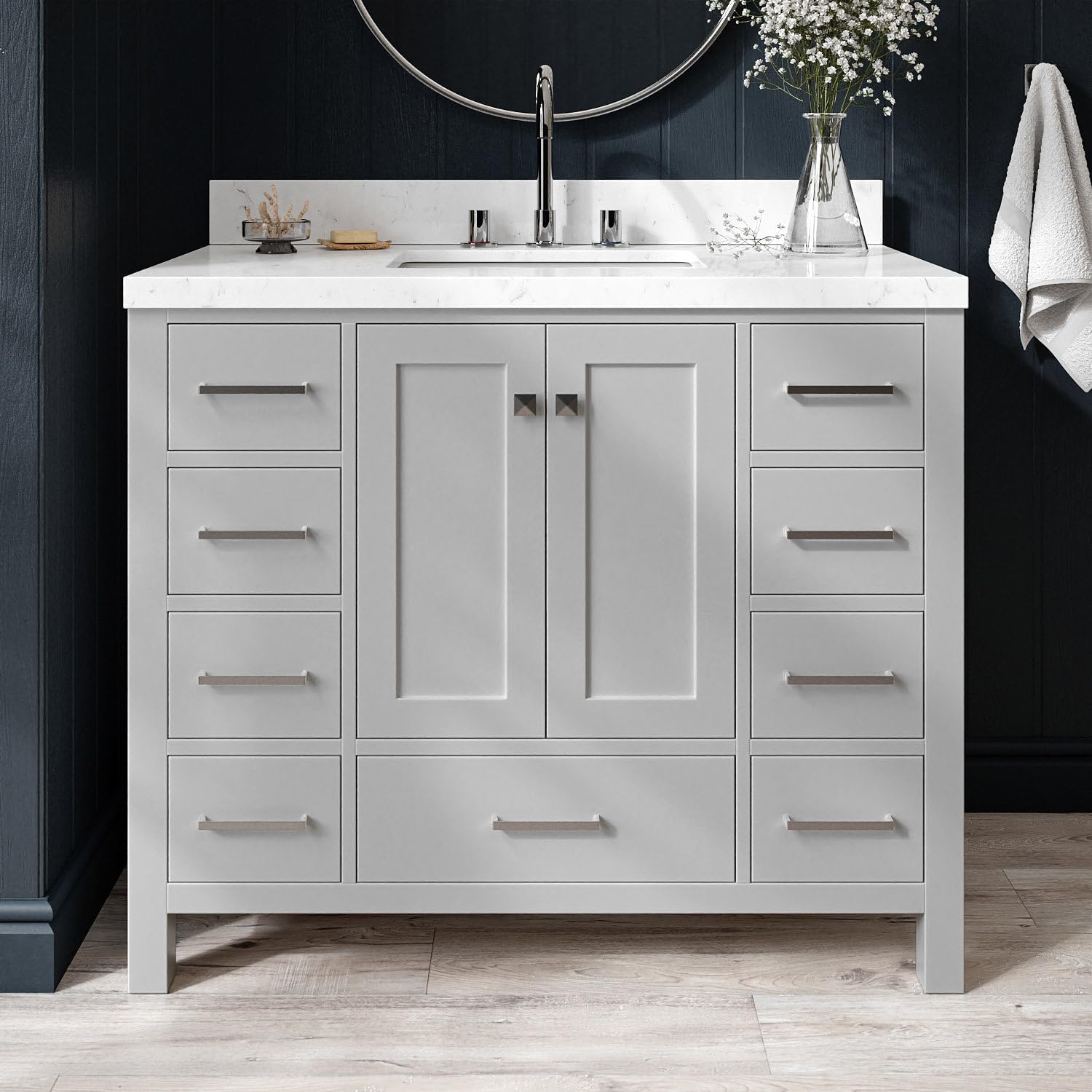 ARIEL Cambridge 42-inch Bathroom Vanity with Sink,Solid Wood, 1.5-inch Carrara White Quartz Countertop, Single Rectangular Porcelain Sink, 2 Soft Closing Doors, 9 Dovetail Drawers, Grey