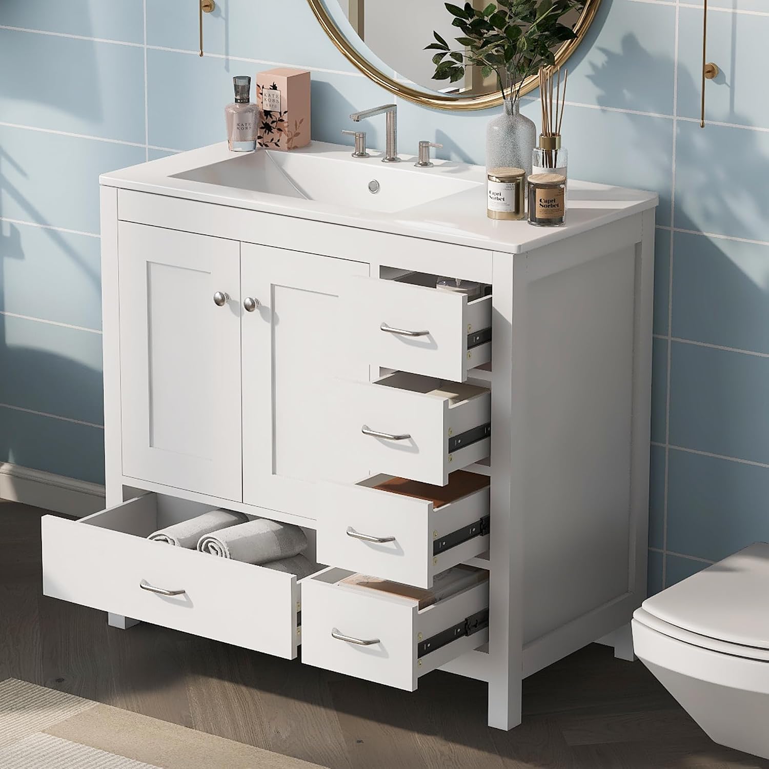 Harper & Bright Designs 36' Bathroom Vanity with Sink, Free Standing Single Basin Vanity Set with Two Doors and 5 Drawers, Solid Wood Bathroom Cabinet with Ceramic Basin for Bathroom, White