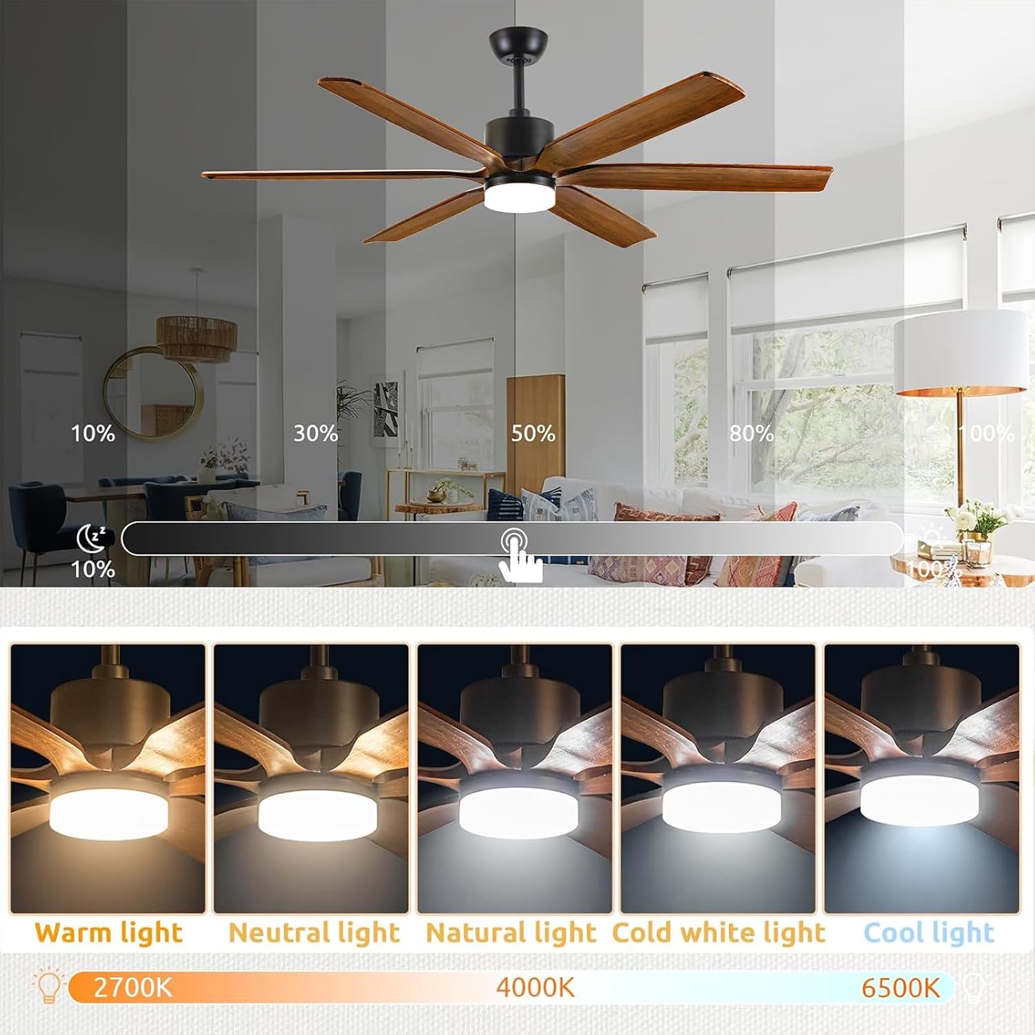 72 Inch Large Ceiling Fans with Lights and Remote, Indoor Outdoor Ceiling Fan for patios, 6 Blades Modern Farmhouse Wood Ceiling Fan with High CFM, 5 CCT Dimmable, Quiet Energy Efficient DC Motor