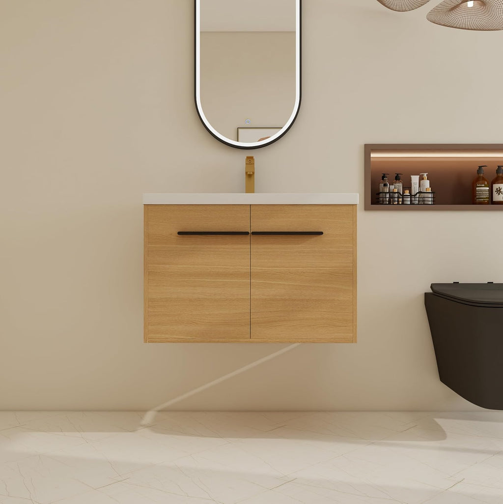 30 Inch Floating Bathroom Vanity with Sink, 30'' Wall Mount Vanity with Resin Countertop, Soft Close Doors, Double Door Storage Cabinet for Small Bathroom, Apartment, Powder Room