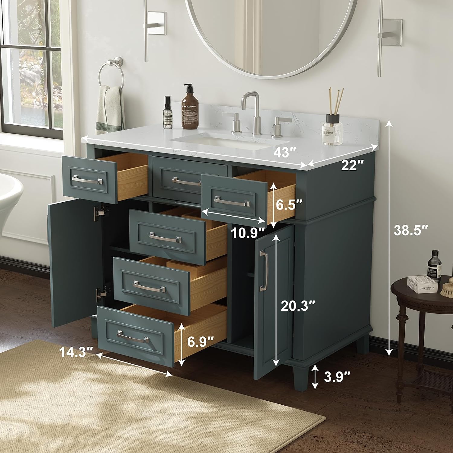 42 Inch Bathroom Vanity with Sink, Single Sink Bathroom Vanity with Adjustable Feets, Modern Bathroom Storage Cabinet with Soft Closing Doors & Dovetail Drawers, Green