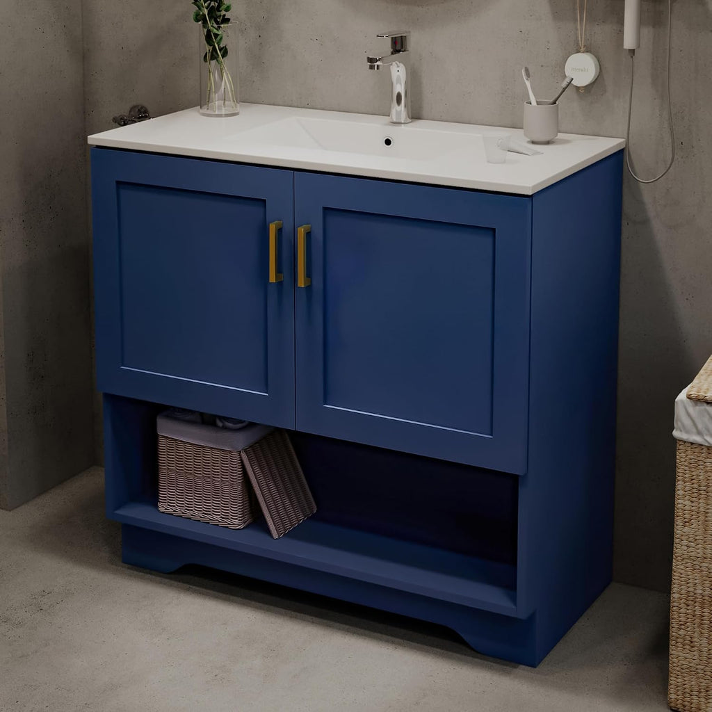 36 Inch Modern Bathroom Vanity with Ceramic Sink - Freestanding Cabinet 2 Soft-Close Doors & 1 Open Shelf, White Space-Saving Design for Powder Rooms (Blue)