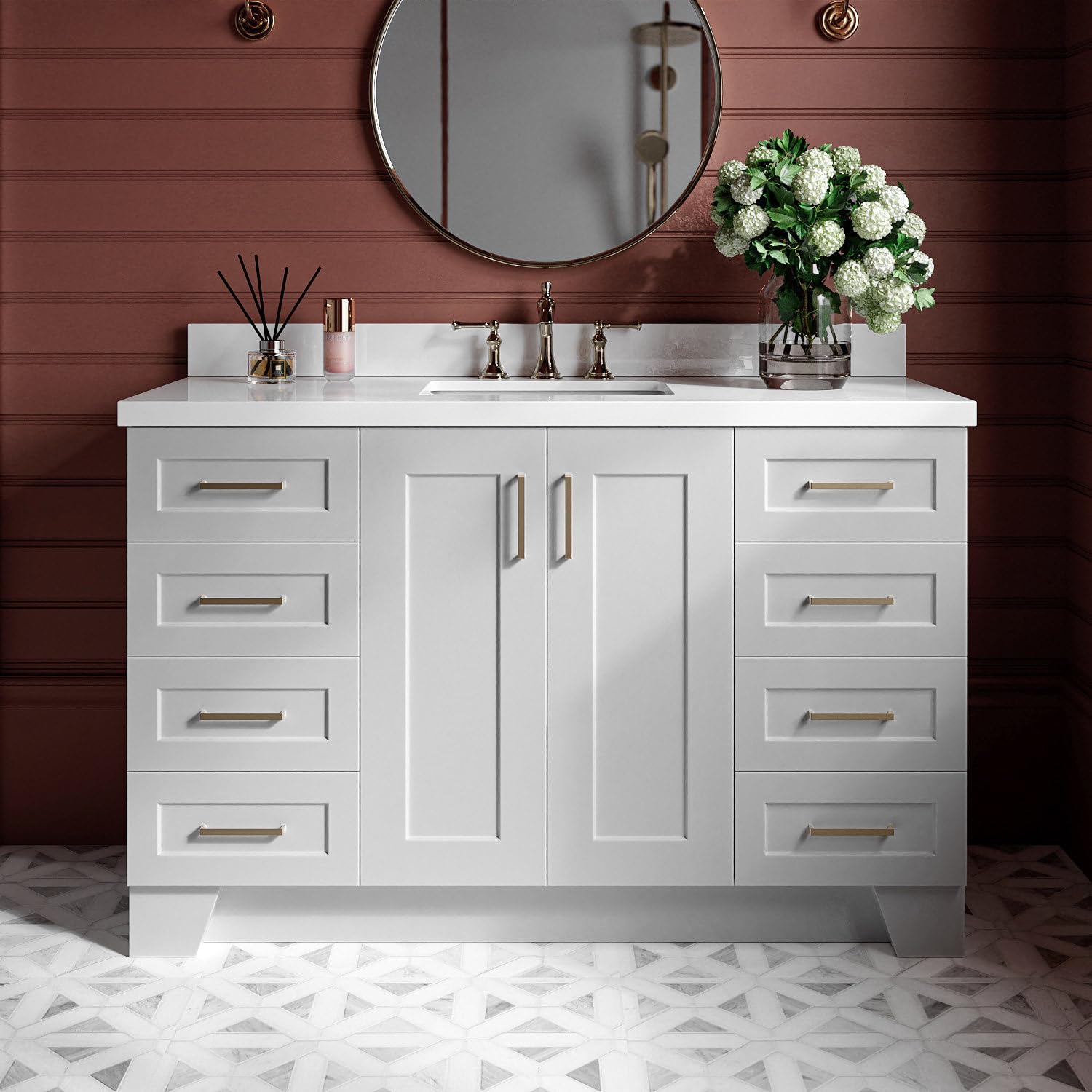 ARIEL Taylor 54-inch Bathroom Vanity with Sink,Solid Wood, 1.5-inch Pure White Quartz Countertop & Backsplash, Single Rectangular Porcelain Sink, 2 Soft Closing Doors, 9 Dovetail Drawers, Grey