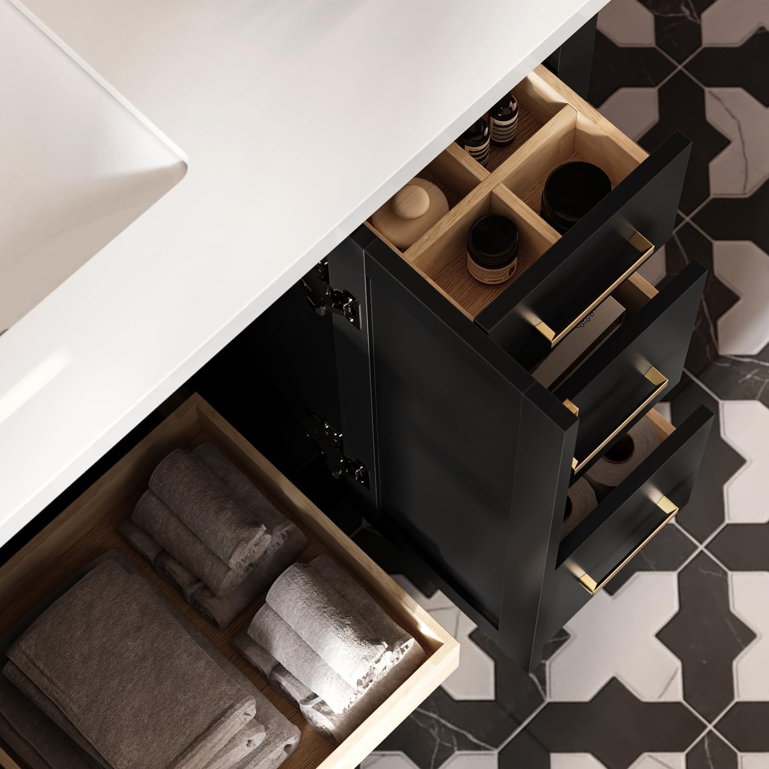 ARIEL Loren 48-inch Bathroom Vanity with Sink,Solid Wood, 1.5-inch Pure White Quartz Countertop, Single Rectangular Porcelain Sink, 2 Soft Closing Doors, 7 Dovetail Drawers, Black