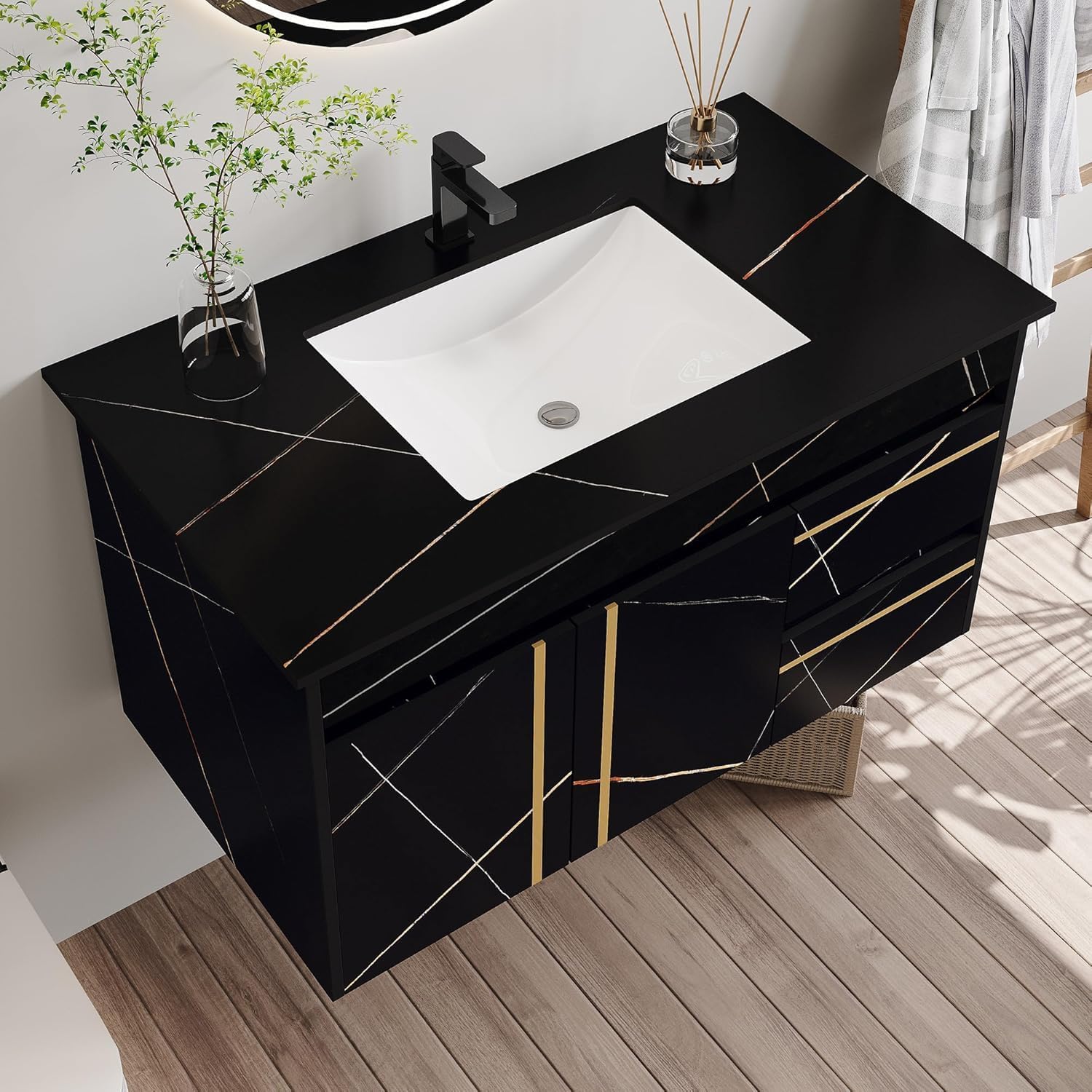 36 inch Bathroom Vanity with Ceramic Sink and Sinter Stone Marble Counter Top Modern Black Wall Mounted Floating Bathroom Sink Cabinet with 2 Drawers, 1 Cupboard and Gold Metal