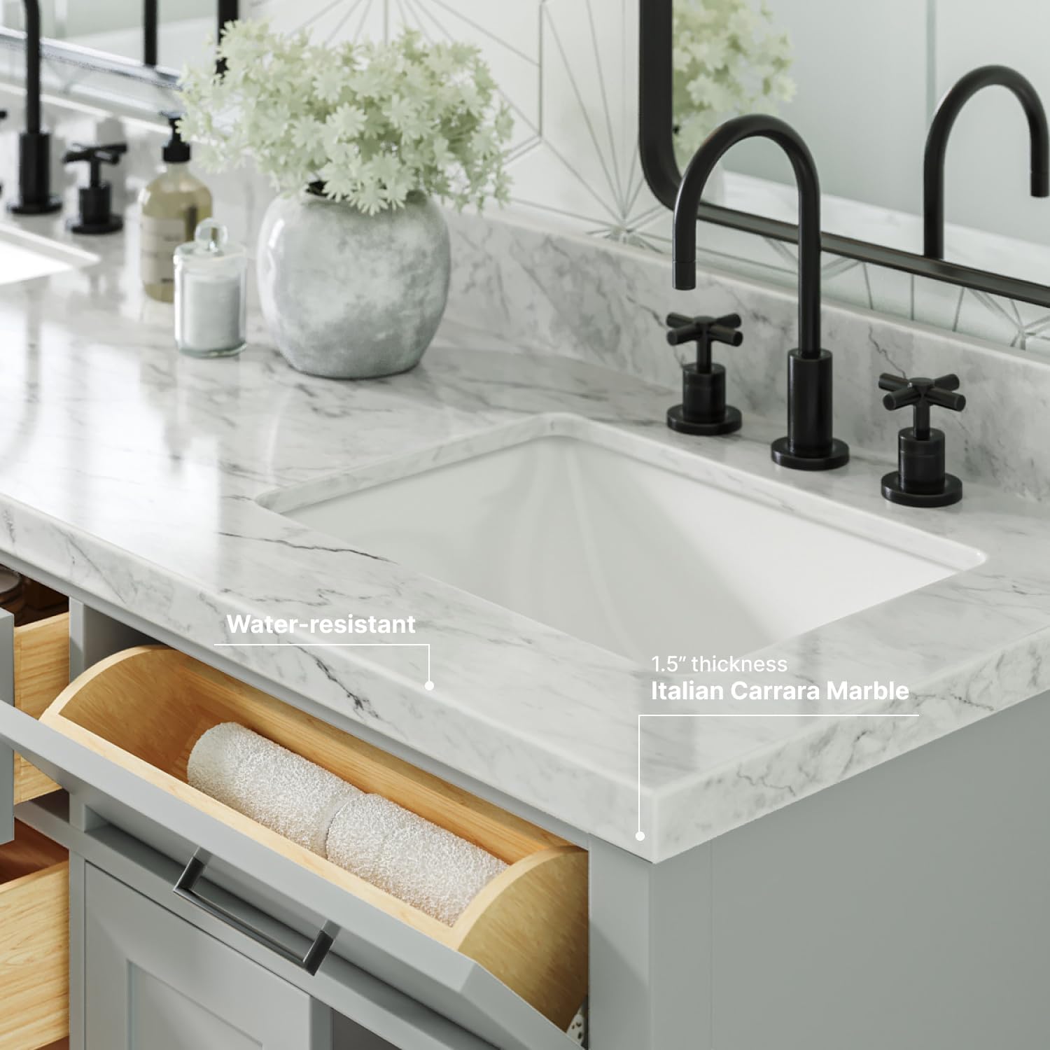 ARIEL Hepburn 66-inch Bathroom Vanity with Sink,Solid Wood, 1.5-inch Italian Carrara Marble Countertop, Double Rectangular Porcelain Sink, 4 Soft Closing Doors, 6 Dovetail Drawers, Grey