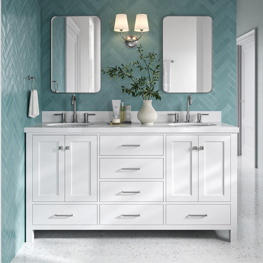 DKB Beckford 66-Inch White Double Bathroom Vanity with 1.5-Inch Pure White Quartz Countertop & Backsplash, Oval Sinks, 4 Soft Closing Doors, 6 Full Extension Dovetail Drawers, Brushed Nickel