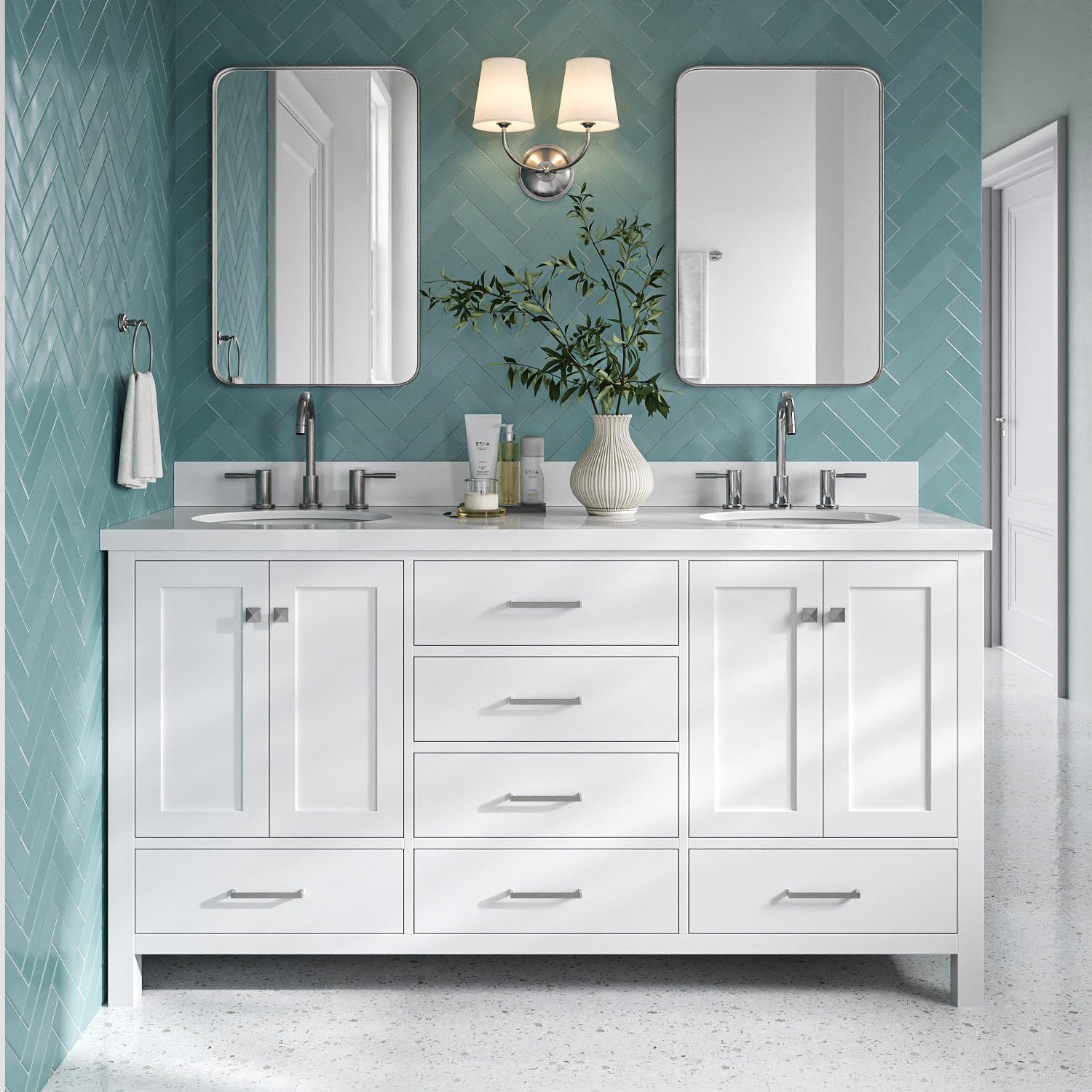 DKB Beckford 66-Inch White Double Bathroom Vanity with 1.5-Inch Pure White Quartz Countertop & Backsplash, Oval Sinks, 4 Soft Closing Doors, 6 Full Extension Dovetail Drawers, Brushed Nickel