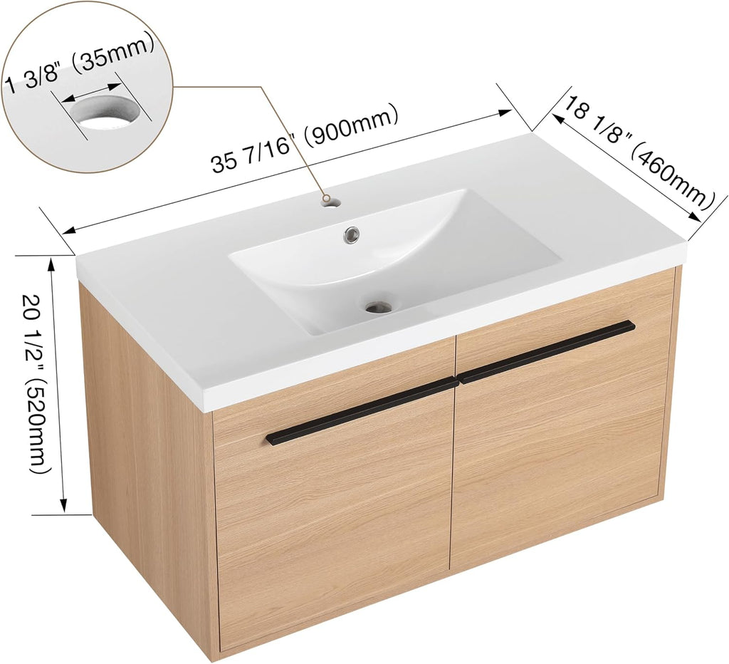 36 Inch Floating Bathroom Vanity with Sink, 36'' Wall Mount Vanity with Resin Countertop, Soft Close Doors, Double Door Storage Cabinet for Small Bathroom, Apartment, Powder Room