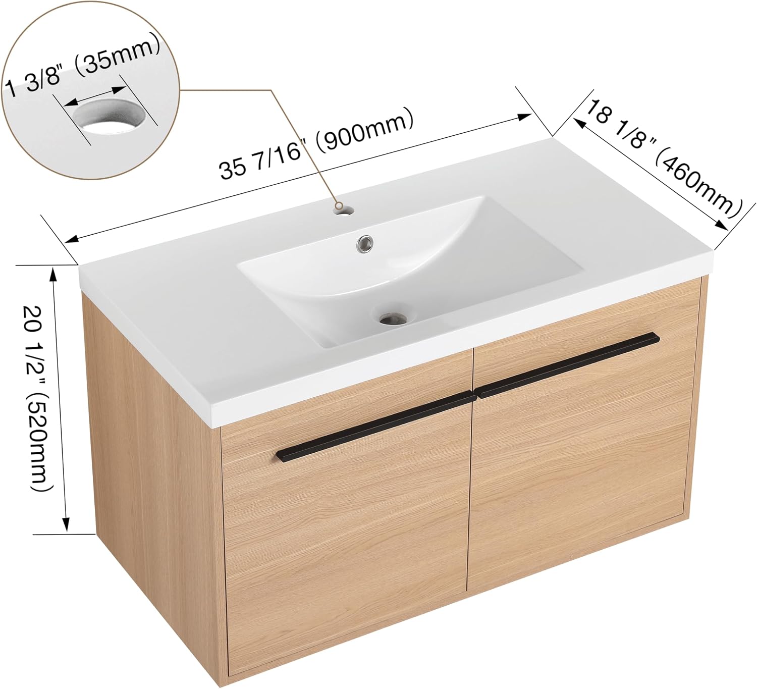36 Inch Floating Bathroom Vanity with Sink, 36'' Wall Mount Vanity with Resin Countertop, Soft Close Doors, Double Door Storage Cabinet for Small Bathroom, Apartment, Powder Room
