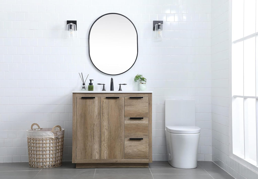 36 Single Bathroom Vanity, with Engineered Marble Top Soft-Close, Natural Oak
