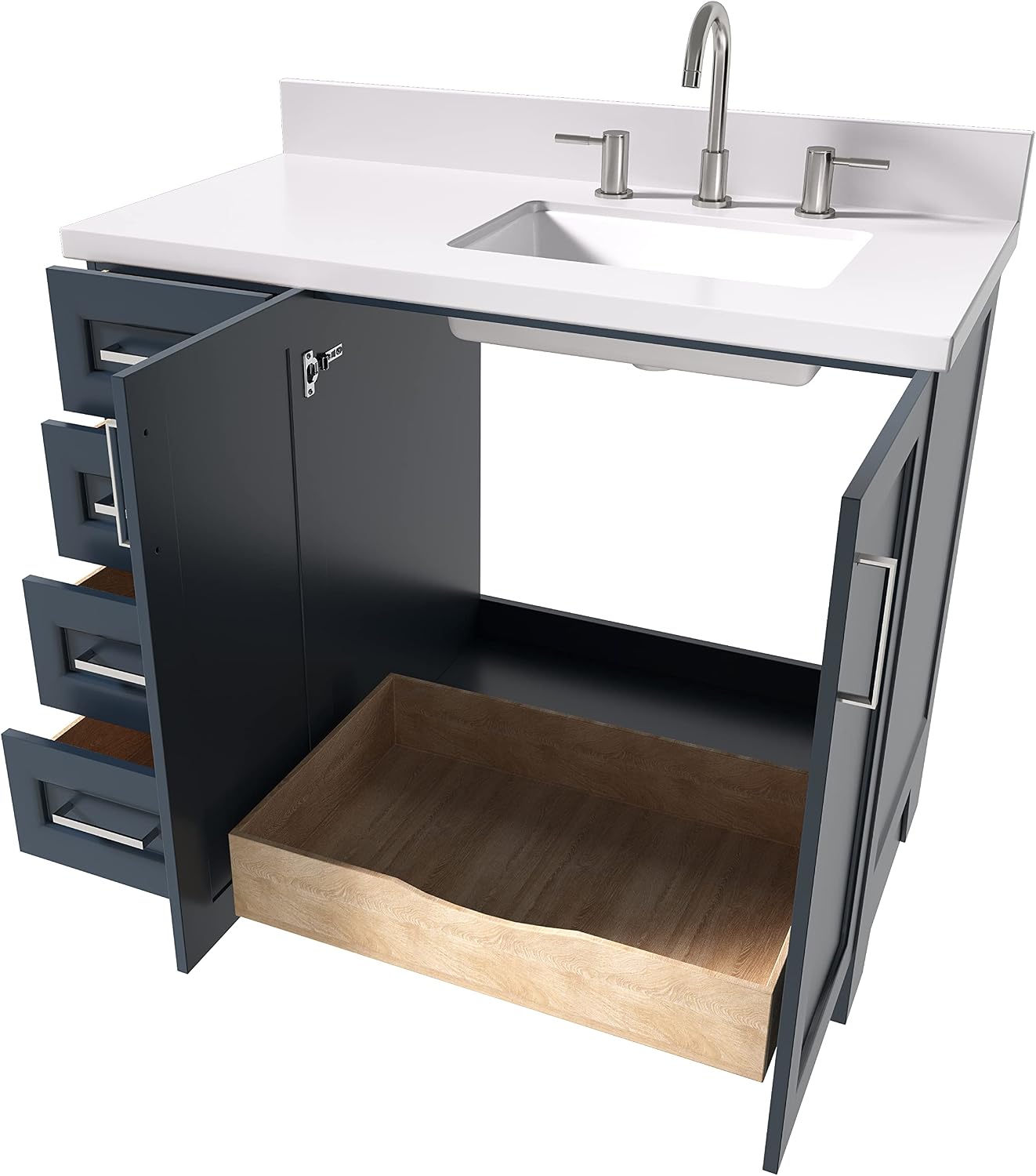ARIEL Taylor 42-inch Bathroom Vanity with Sink,Solid Wood, 1.5-inch Pure White Quartz Countertop, Single Rectangular Porcelain Sink, 2 Soft Closing Doors, 5 Dovetail Drawers, Midnight Blue
