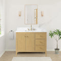 HOMEBEYOND 42' Bathroom Vanity with Sink, Solid Wood Bathroom Vanity Free-Standing Cabinet, Drawers, Ceramic Top & Soft Closing Door, Golden Brushed Handware, Natural Oak