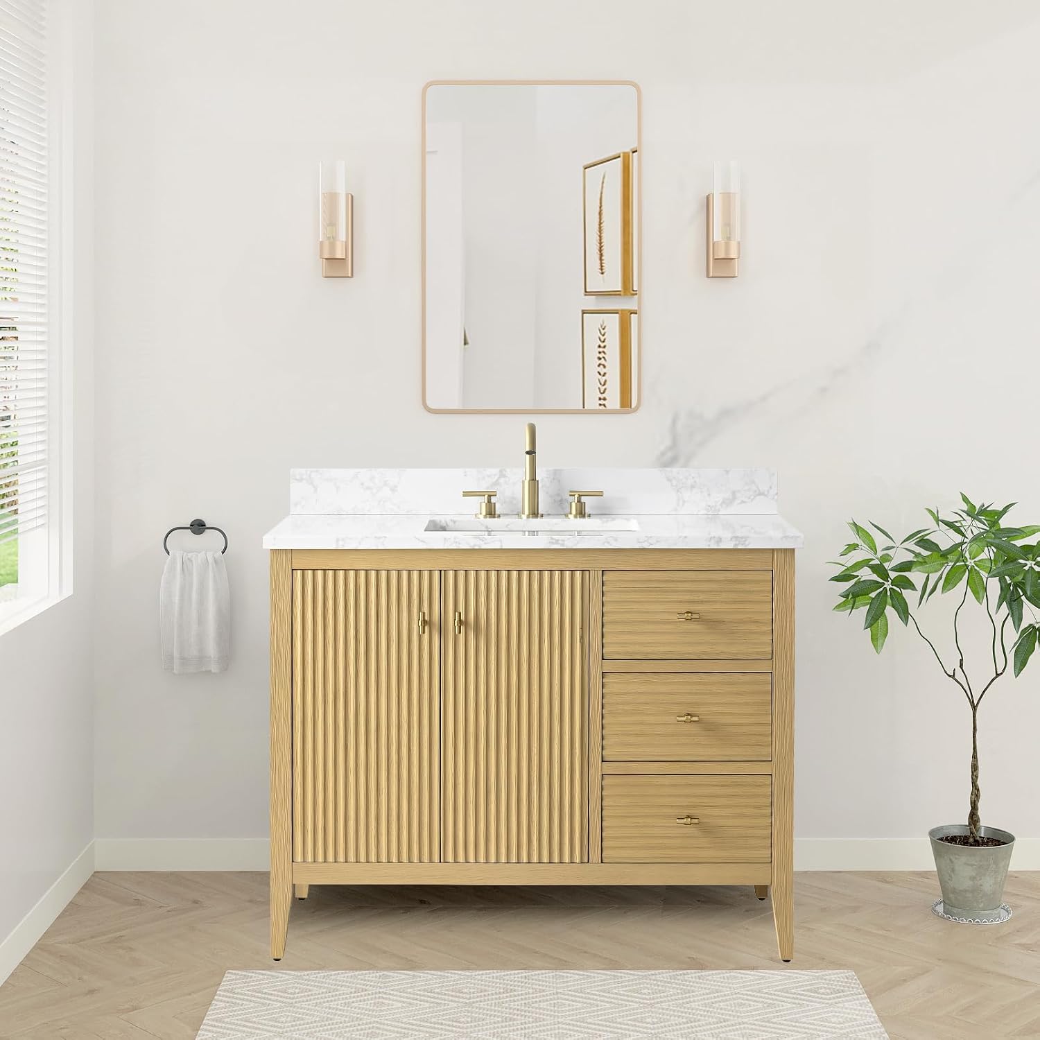 HOMEBEYOND 42' Bathroom Vanity with Sink, Solid Wood Bathroom Vanity Free-Standing Cabinet, Drawers, Ceramic Top & Soft Closing Door, Golden Brushed Handware, Natural Oak