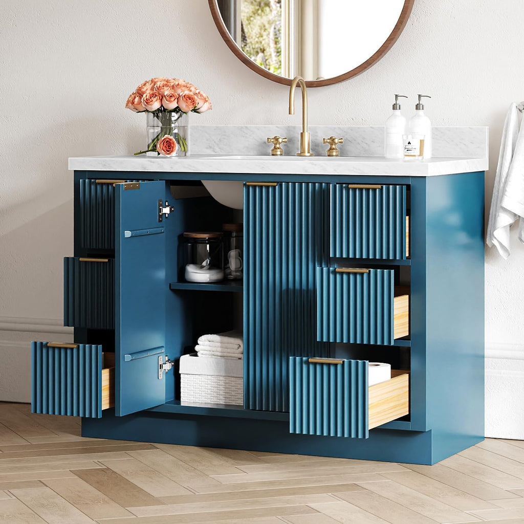 ARIEL Milan 48-inch Bathroom Vanity with Sink,Solid Wood, 1.5-inch Italian Carrara Marble Countertop, Single Rectangular Porcelain Sink, Soft Closing Doors, Dovetail Drawers, Vintage Blue