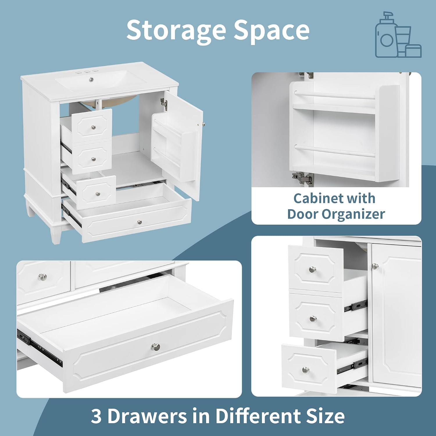 Bathroom Vanity with Ceramic Sink 30 inch, Multi-Functional Storage Cabinet with Drawers and Door Shelf, Solid Wood Frame, Soft-Closing Door, White