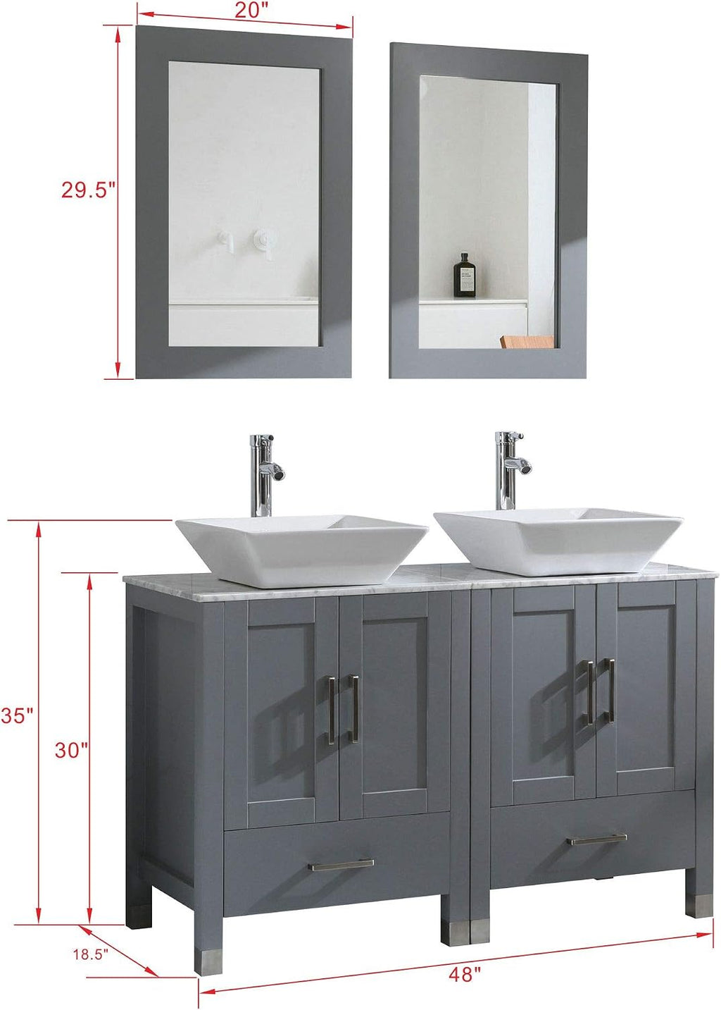 48 inch Double Sink Bathroom Vanity Cabinet Combo Glass、Marble Top Grey Paint Wood w/Faucet, Mirror&Drain Set (Solid Wood + Marble Top)