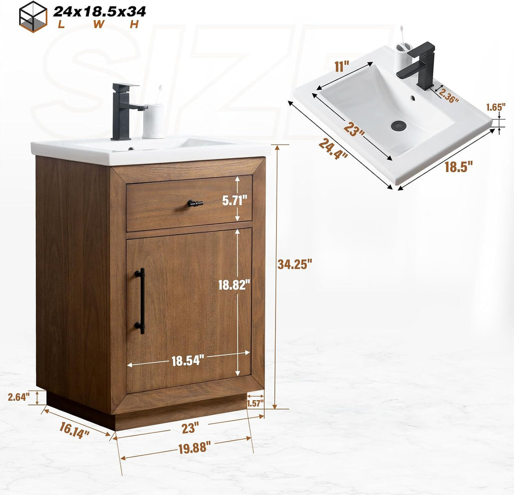HOMEBEYOND 24' Bathroom Vanity with Single Sink & Ceramic Top, MDF Material Vanity Cabinet with Basin Combo, Soft-Closing Doors, Removable Shelf, Backsplash,Tan