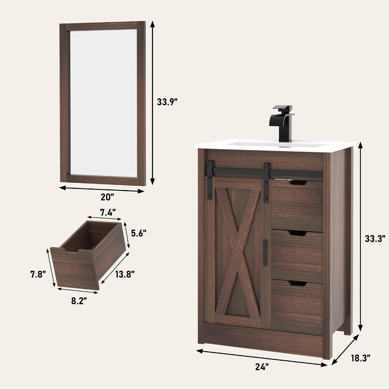 chartustriable 24 Inch Bathroom Vanity with Sink & Faucet & Mirror, Farmhouse Bathroom Vanity Cabinet Set with Sliding Barn Door & Drawers, Small Single Bath Storage Vanity Sink, Brown