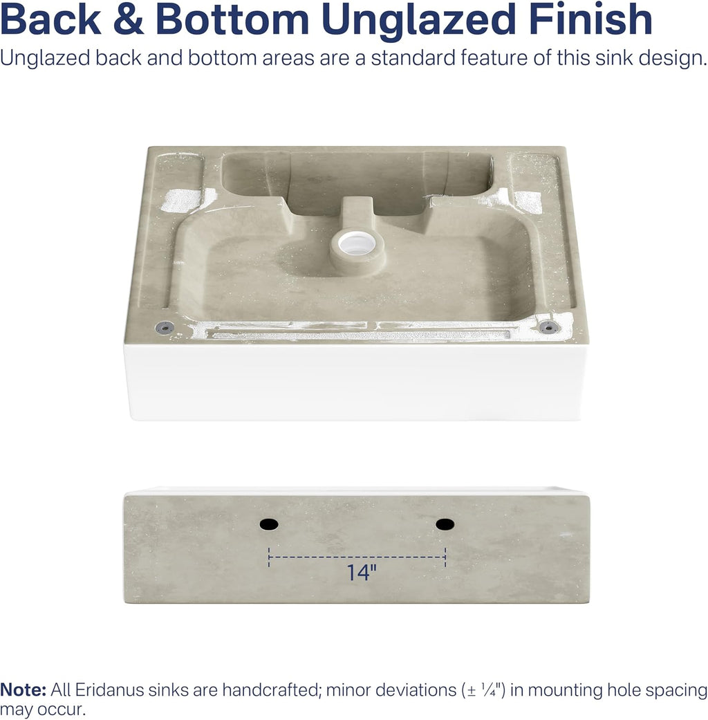 Rectangle Bathroom Vessel Sink 28' x 16.5', Eridanus Wall Mount Sink Ceramic Porcelain, Modern Above Counter Sink White Floating Lavatory Vanity Trough Art Basin with Overflow