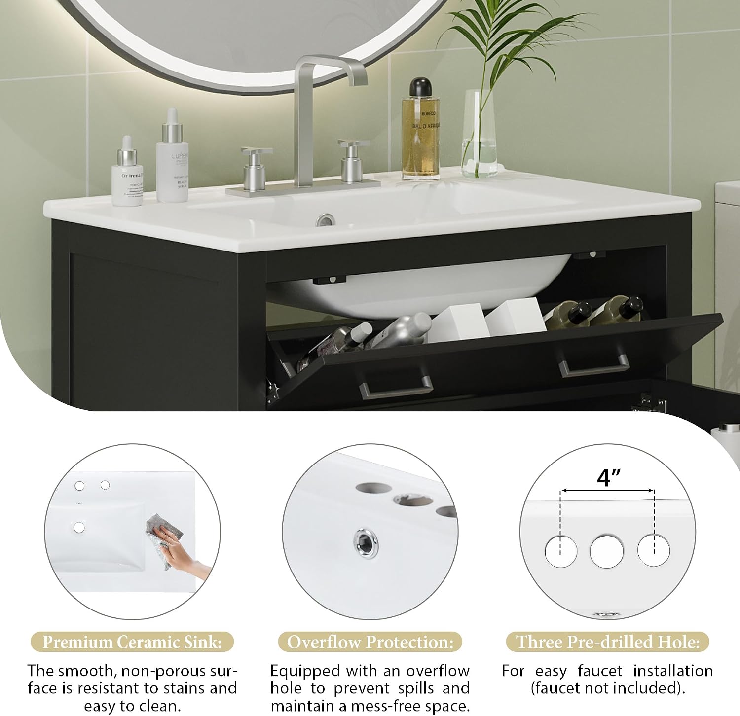 Harper & Bright Designs 60' Bathroom Vanity Set with Double Sink, Vanity Cabinet with Flip Drawer, 2 Doors, and Adjustable Shelf, Solid Wood Bathroom Cabinet with Ceramic Basin for Bathroom, Black