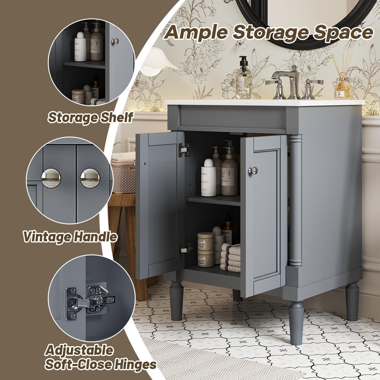 Merax 24' Bathroom Vanity with Sink, Powder Room Small Bathroom Vanity with 2-Door Cabinet, Undermount Sink, Solid Wood Frame Bathroom Storage Cabinet