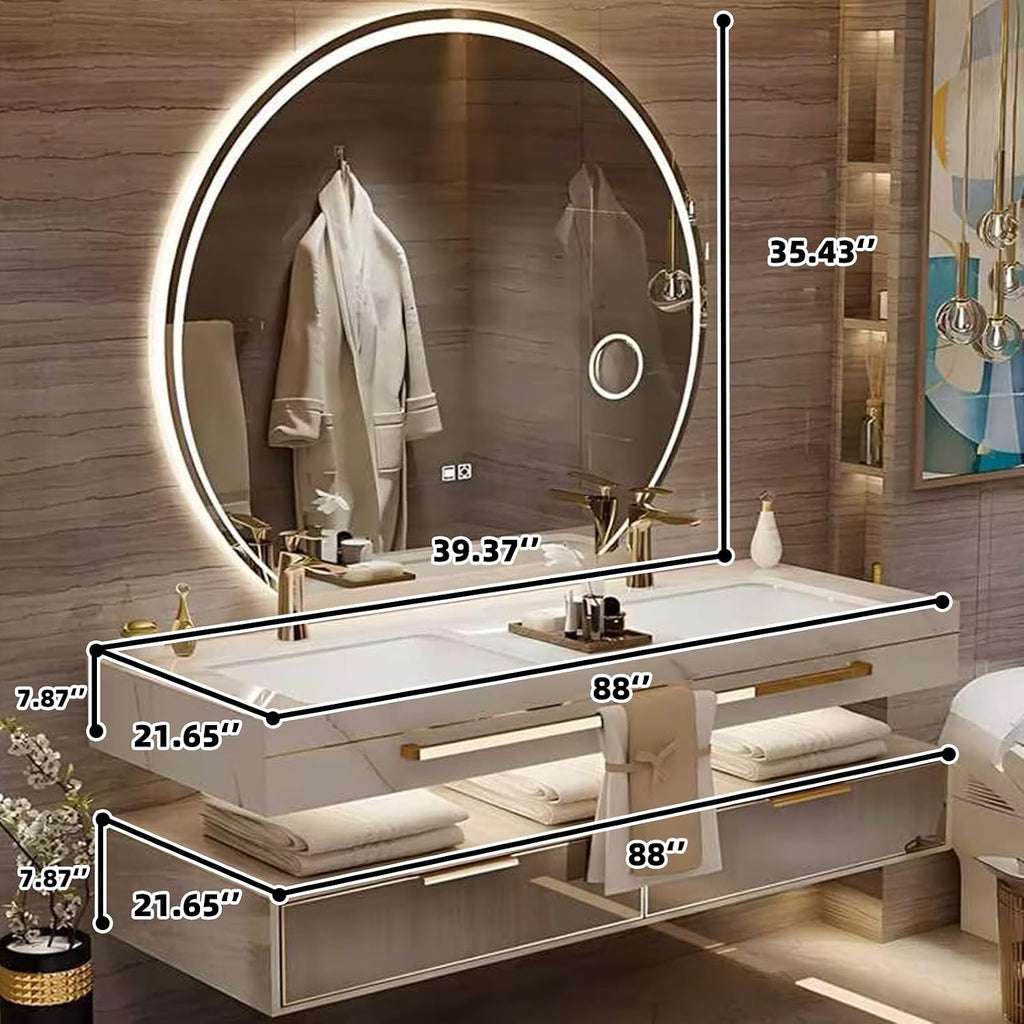88 Inch Luxury Bathroom Vanity, Floating Bathroom Vanity with Sink and LED Round Smart Defogger Mirror, Multilayer solid wood Spacious Storage Drawer Include Faucet and Drain Fittings,Double Sink