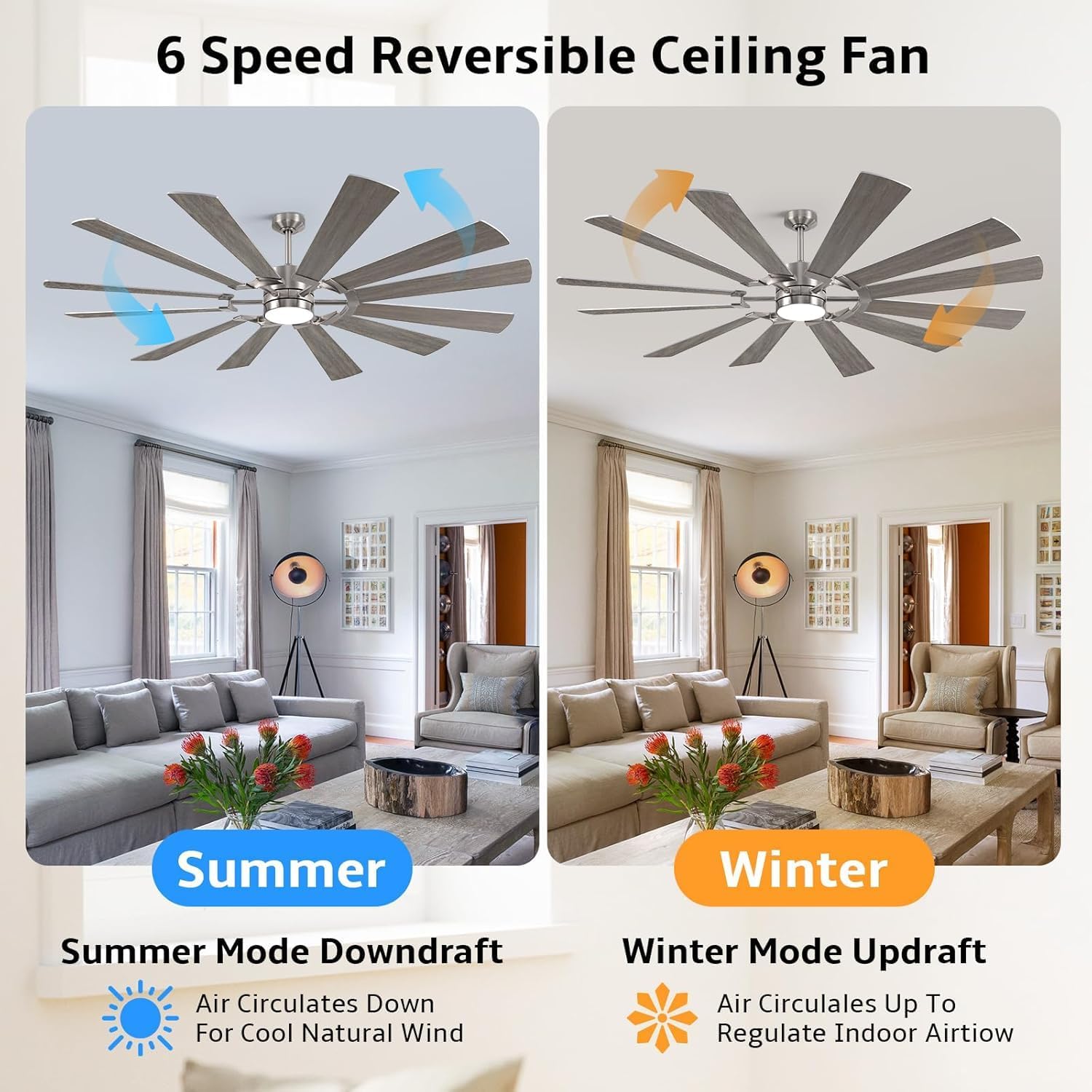 62 Inch Outdoor Ceiling Fan with Light Remote, Modern Large Ceiling Fan with Light, Large Airflow Industrial DC Cieling Fan with 12 Blade, Damp-Rated Outdoor Ceiling Fans for Patios Porch Farmhouse