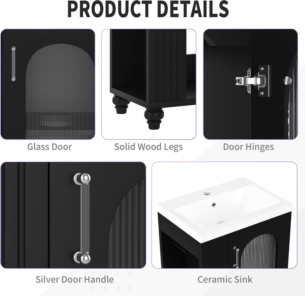 20-inch Bathroom Vanity with Sink, Free Standing Vanity Cabinet with Two-Tier Shelf and Glass Door, Wooden Bath Set Organizer with Single Ceramic Sink for Bathroom, Black
