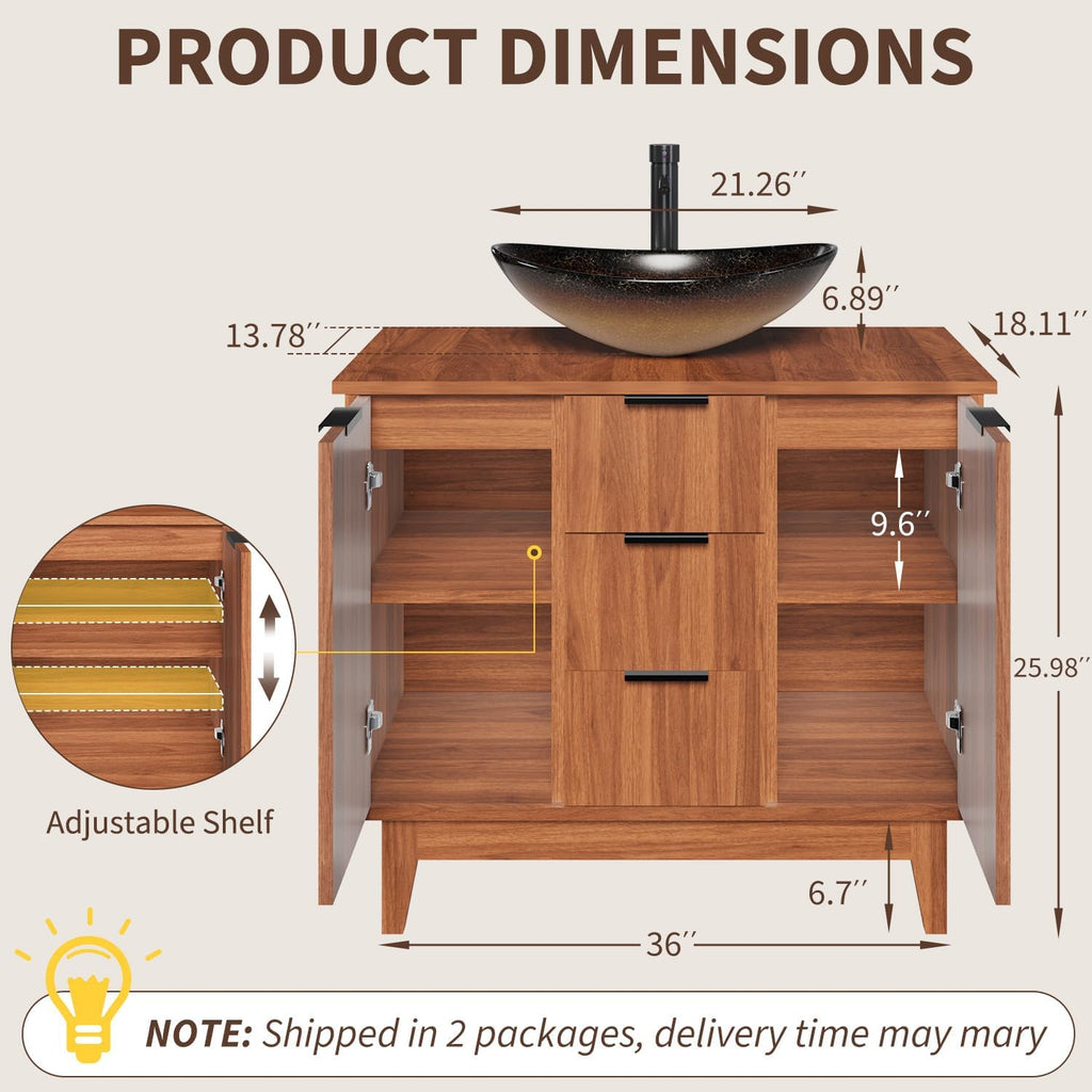 EROMMY 36 Inch Bathroom Vanity with Sink Combo, Bathroom Vanity with 3 Soft-Close Drawers, 2 Doors & Boat Glass Sink, Rustic Bathroom Cabinet Includes Adjustable Shelf, Water Tap & Sink Accessories