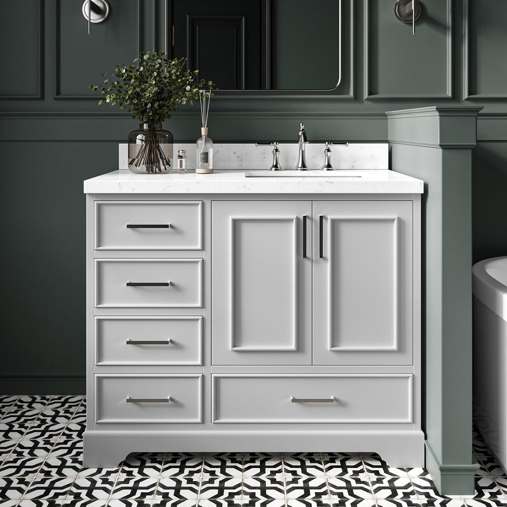 DKB Langford 42-inch Grey Bathroom Vanity with Right Rectangle Single Sink, Carrara White Quartz Countertop & Backsplash, Solid Wood Frame, Soft-Closing & Dovetail Drawers