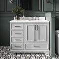 DKB Langford 42-inch Grey Bathroom Vanity with Right Rectangle Single Sink, Carrara White Quartz Countertop & Backsplash, Solid Wood Frame, Soft-Closing & Dovetail Drawers