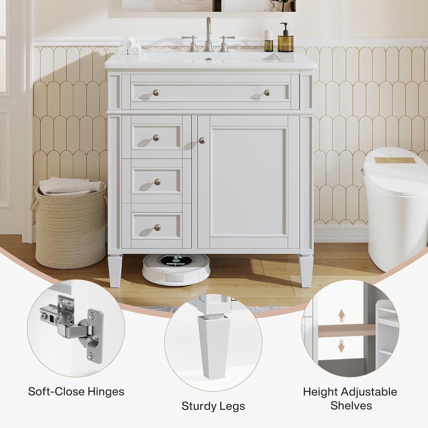 Tribesigns 30-Inch Bathroom Vanity with Sink, Modern Bathroom Sink Cabinet with 3 Drawers & 2 Doors, Bath Storage Vanity Sink with Metal Handles, Solid Wood Frame, Paint Surface White