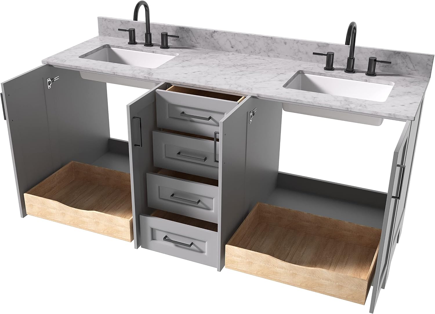 ARIEL Taylor 72-inch Bathroom Vanity with Sink,Solid Wood, 0.75-inch Italian Carrara Marble Countertop, Double Rectangular Porcelain Sink, 4 Soft Closing Doors, 6 Dovetail Drawers, Grey