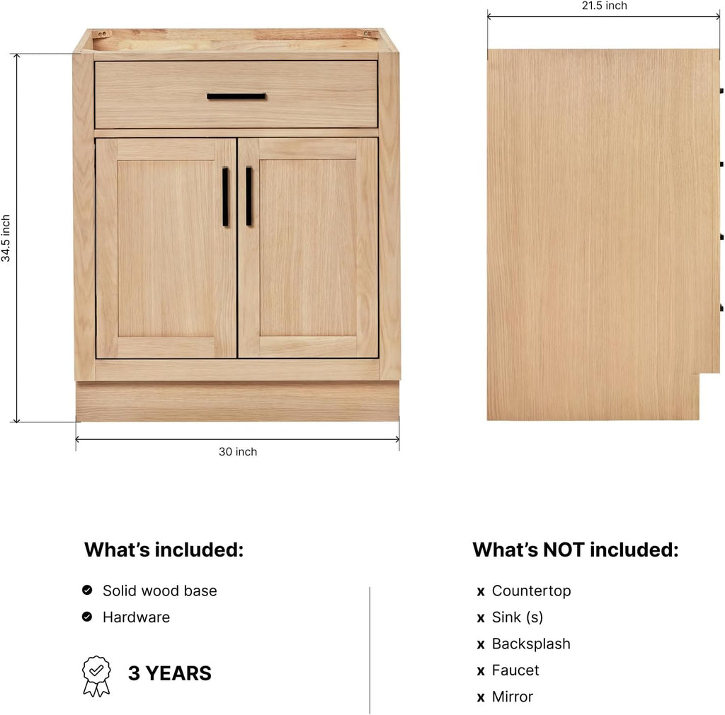 ARIEL Hepburn 30-inch Bathroom Vanity Base Cabinet,Solid Wood, 2 Soft Closing Doors, 1 Dovetail Drawers, White Oak