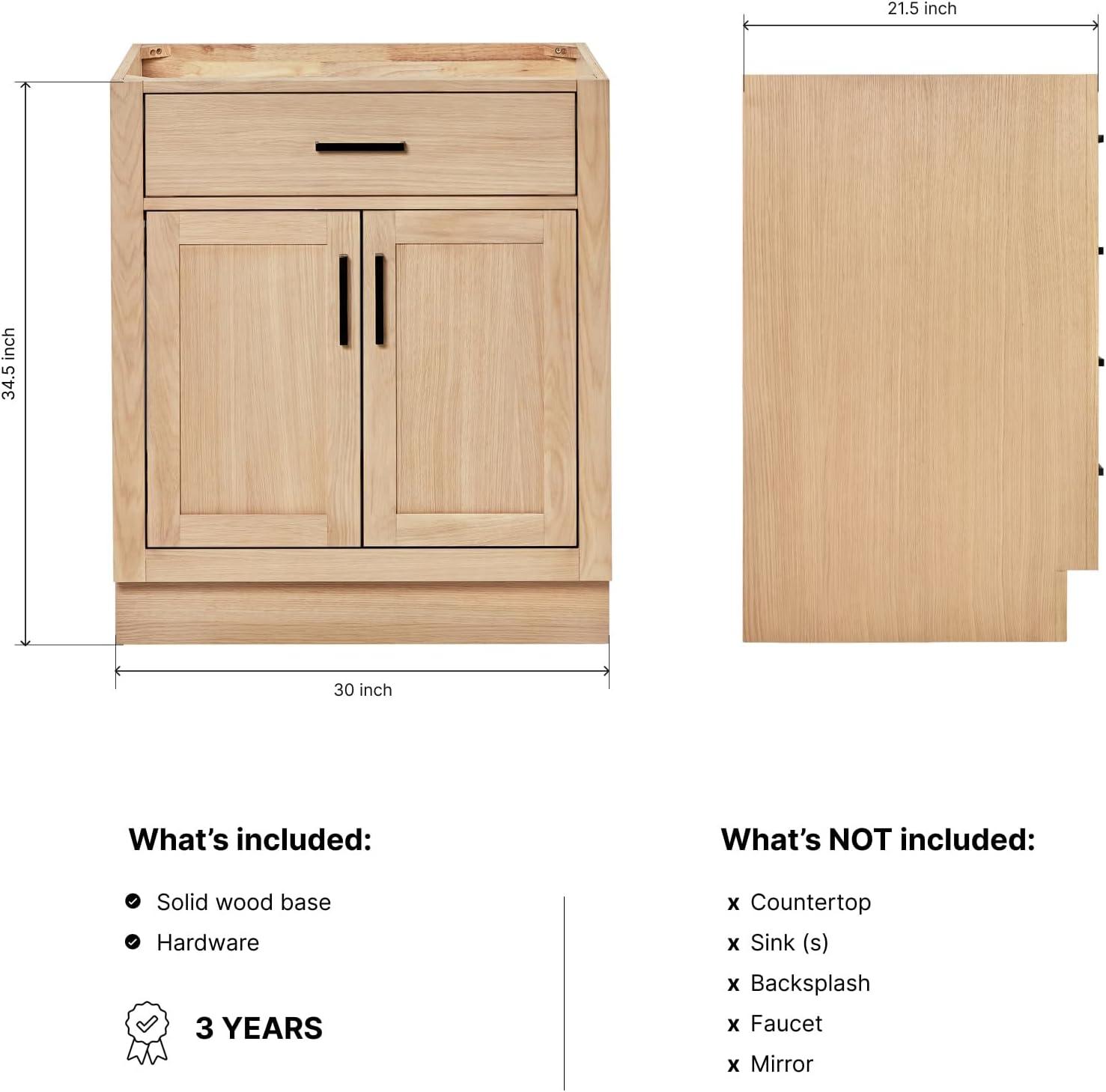 ARIEL Hepburn 30-inch Bathroom Vanity Base Cabinet,Solid Wood, 2 Soft Closing Doors, 1 Dovetail Drawers, White Oak
