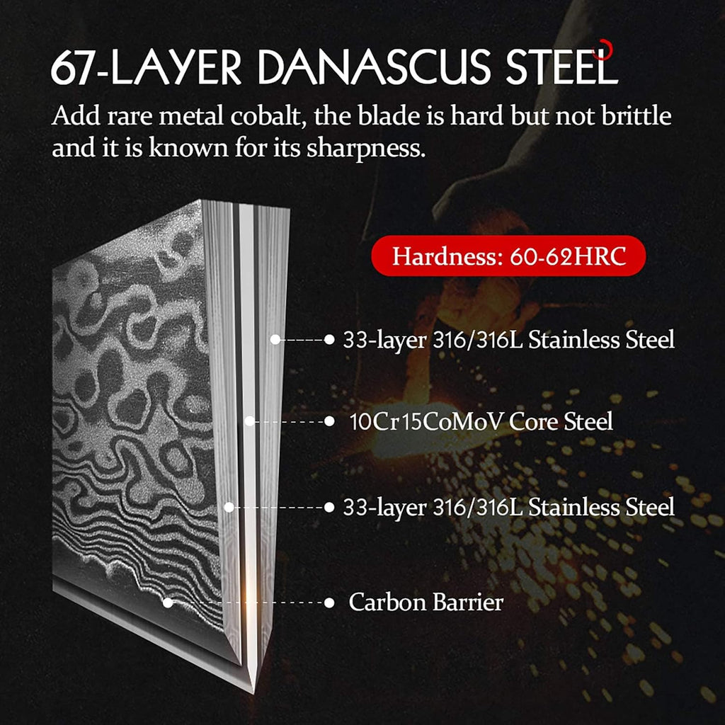 HEZHEN Meat Cleaver & Butcher Knife - 6.8 Inch 67-Layer Damascus Steel Forged Sharp Kitchen & Vegetable Cleaver with Non-Slip Wooden Handle