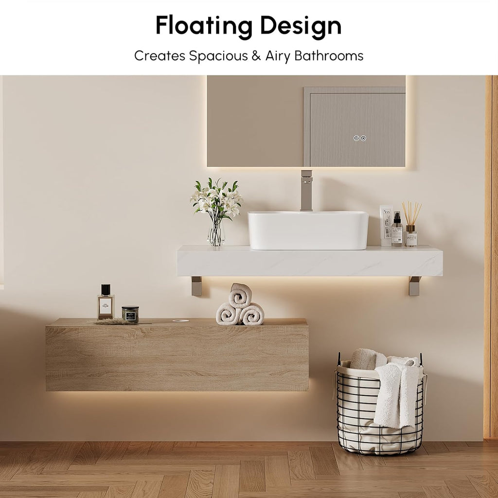 homary 35' Floating Bathroom Vanity with Sink, Wall Mounted Bathroom Vanity with Sintered Stone Countertop, Ceramic Vessel Sink, 1 Drawer Storage, Modern Bathroom Cabinet for Small Bathroom, Natural