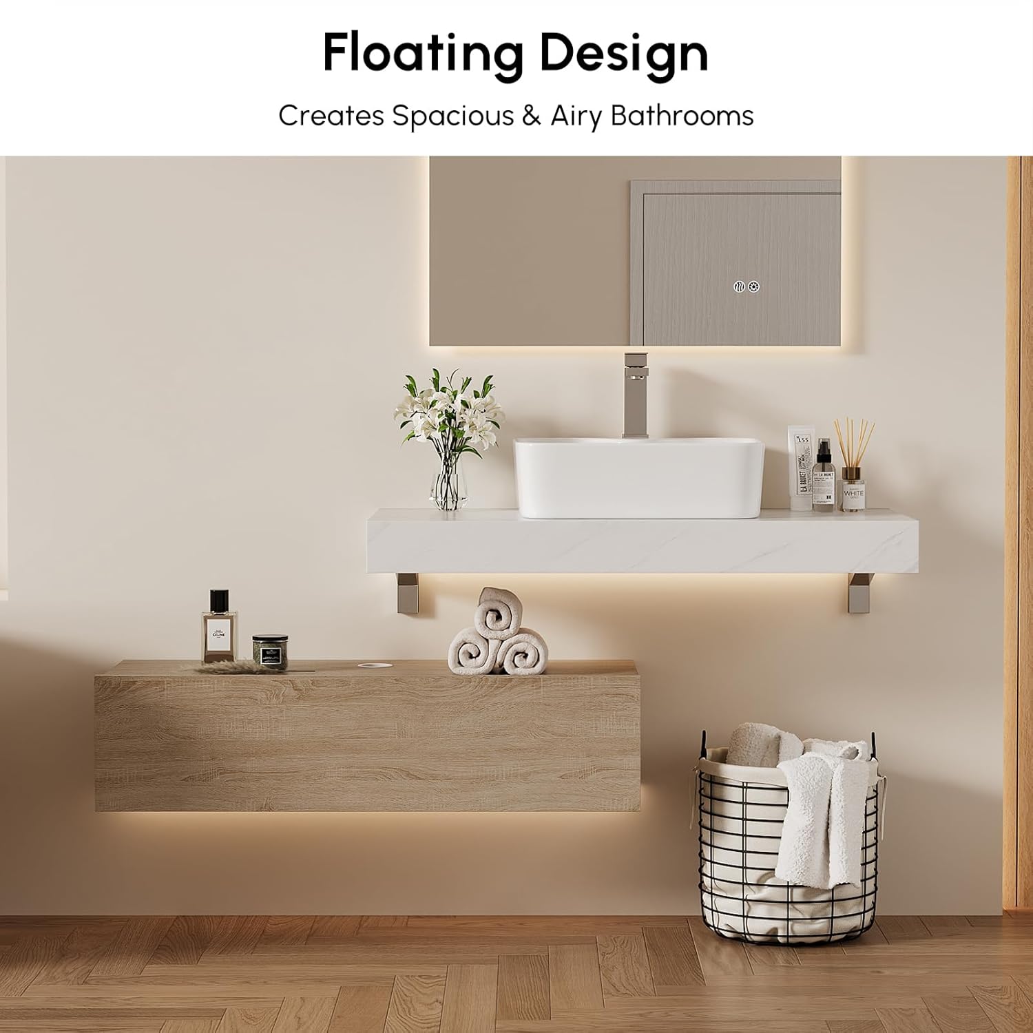 homary 35' Floating Bathroom Vanity with Sink, Wall Mounted Bathroom Vanity with Sintered Stone Countertop, Ceramic Vessel Sink, 1 Drawer Storage, Modern Bathroom Cabinet for Small Bathroom, Natural