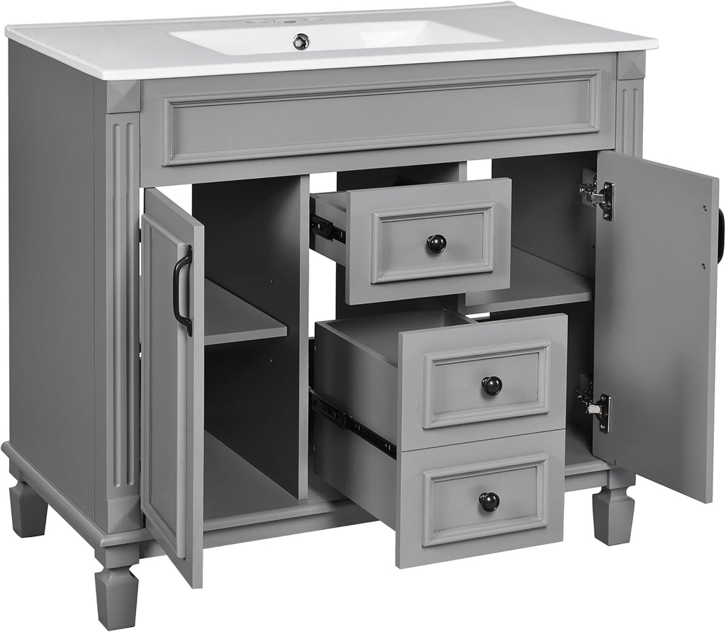 Linique 36' Bathroom Vanity with Top Sink,Bathroom Storage Cabinet with 2 Soft Closing Doors and 3 Storage Drawers,Modern Single Sink Bathroom Vanity(Gray)